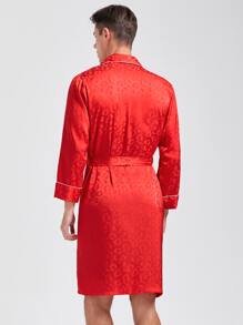 Men Leopard Jacquard Shawl Collar Belted Satin Sleep Robe - Red - View 2