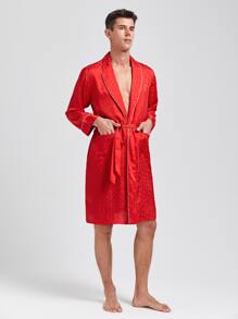 Men Leopard Jacquard Shawl Collar Belted Satin Sleep Robe - Red - View 5