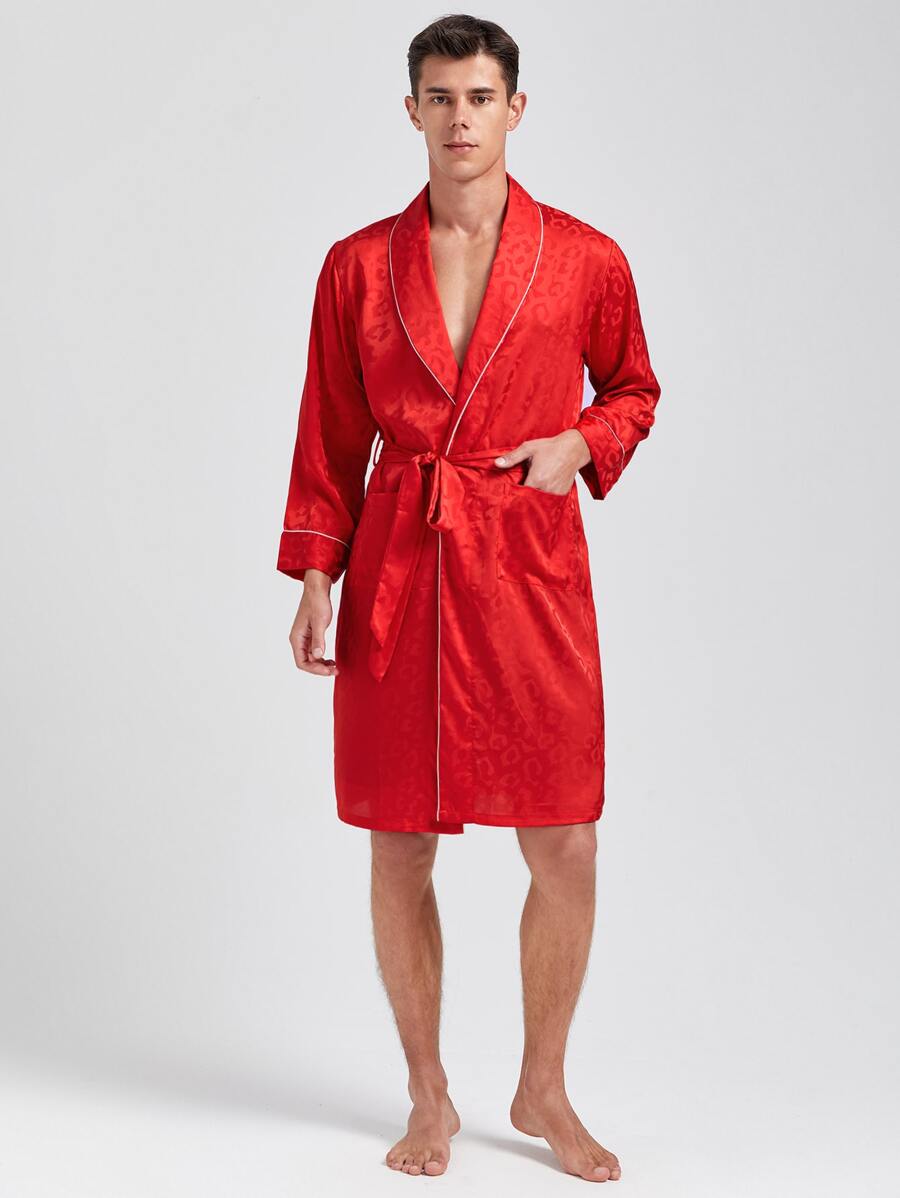 Men Leopard Jacquard Shawl Collar Belted Satin Sleep Robe - Red - View 1