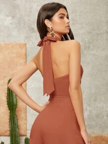 SHEIN VCAY Mono halter cruzado unicolor - Óxido marrón - Ver 6