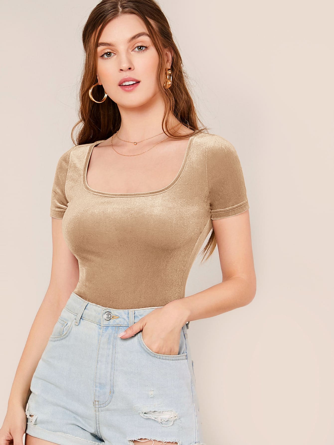 SHEIN Privé Scoop Neck Fitted Velvet Top - Khaki - View 1