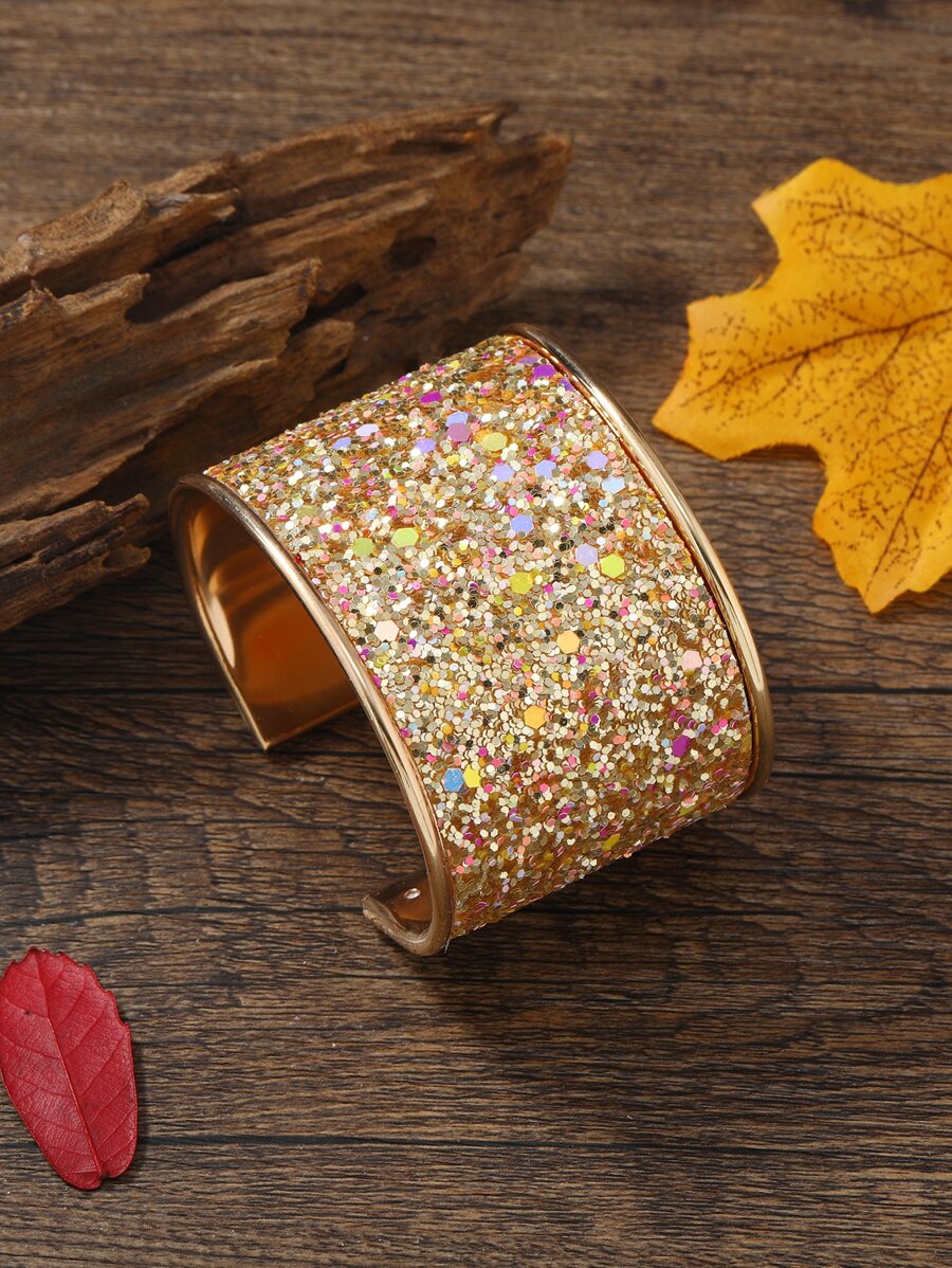 Glitter Detail Cuff Bracelet - Yellow Gold - View 1