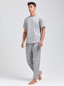 Men Crown Print PJ Set - Light Grey - View 3