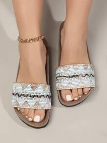 Fashionable Outdoors Flat Slippers For Women, Chevron Pattern Single Band Fabric Open Toe Slide Sandals - Multicolor - View 5