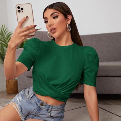Puff Sleeve Cross Wrap Crop Top