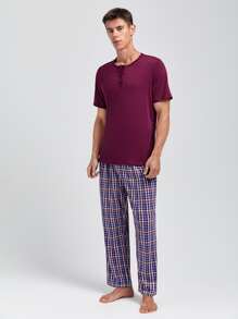 Men Half Button Sleep Tee & Plaid Trousers - Multicolor - View 1
