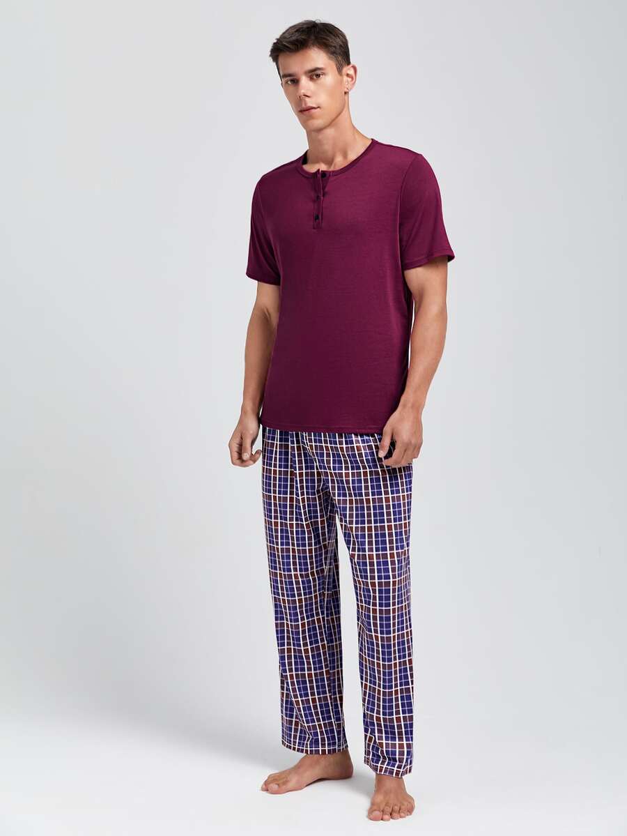 Men Half Button Sleep Tee & Plaid Trousers - Multicolor - View 1