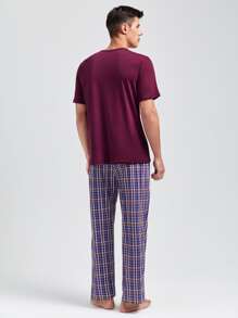 Men Half Button Sleep Tee & Plaid Trousers - Multicolor - View 2
