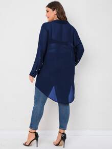 Plus Pearls Beaded High Low Hem Chiffon Shirt Without Bra - Navy Blue - View 2