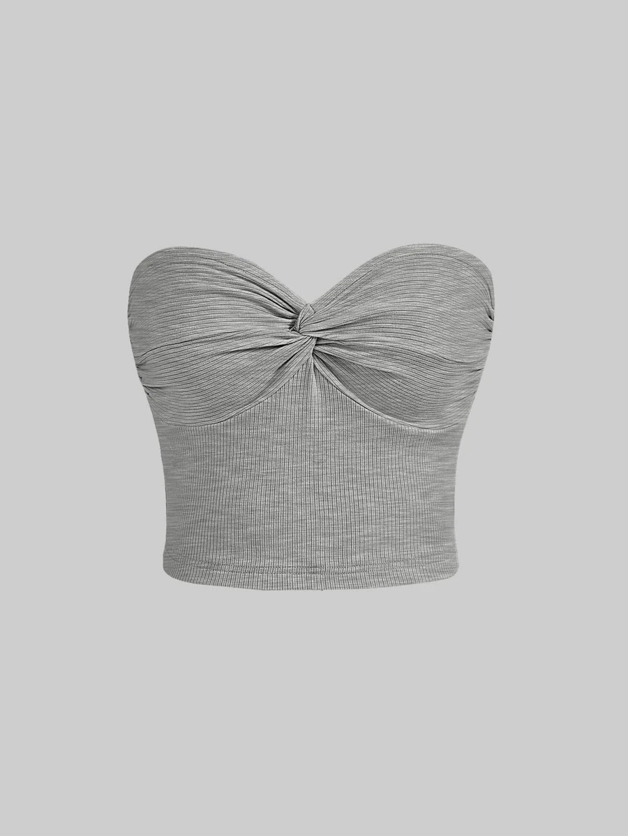 SHEIN MOD Twist Front Ribbed Slim Fit Knit Tube Top - Grey - View 1