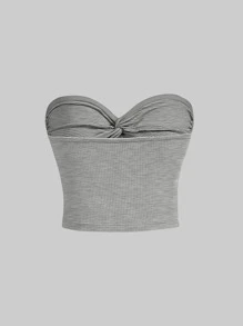 SHEIN MOD Twist Front Ribbed Slim Fit Knit Tube Top - Grey - View 2