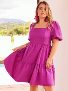 SHEIN VCAY 1 pieza Vestido de cuello cuadrado de manga farol bajo con fruncido - Rojo violeta - Ver 1