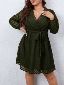 SHEIN Clasi Plus Chevron Jacquard Guipure Lace Insert Belted Dress - Army Green - View 1
