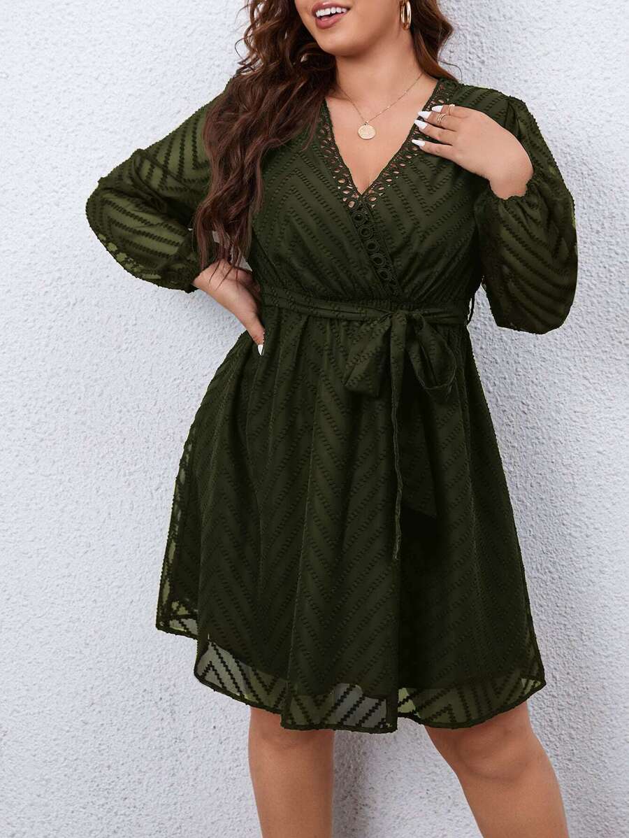 SHEIN Clasi Plus Chevron Jacquard Guipure Lace Insert Belted Dress - Army Green - View 1