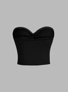 SHEIN MOD Black Summer Tops Twist Front Ribbed Knit Tube Top,Ladies Casual Rib-Knit,Twist Strapless Slim Fit Black Viscose Plain Women Tops,Summer,Party/Nightclub Outfits - Black - View 2