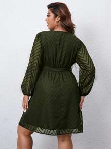 SHEIN Clasi Plus Chevron Jacquard Guipure Lace Insert Belted Dress - Army Green - View 2