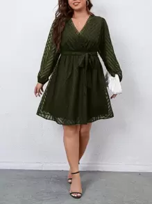 SHEIN Clasi Plus Chevron Jacquard Guipure Lace Insert Belted Dress - Army Green - View 3