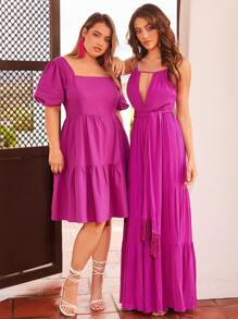 SHEIN VCAY 1 pieza Vestido de cuello cuadrado de manga farol bajo con fruncido - Rojo violeta - Ver 3