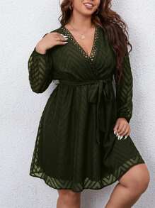 SHEIN Clasi Plus Chevron Jacquard Guipure Lace Insert Belted Dress - Army Green - View 4