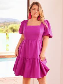 SHEIN VCAY 1 pieza Vestido de cuello cuadrado de manga farol bajo con fruncido - Rojo violeta - Ver 4