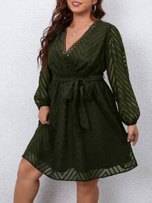 SHEIN Clasi Plus Chevron Jacquard Guipure Lace Insert Belted Dress - Army Green - View 5