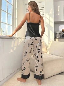 Floral Print Lace Trim Satin PJ Set - Multicolor - View 2