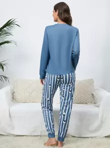 Strawberry and Heart Print Top & Striped Trousers PJ Set - Blue - View 2