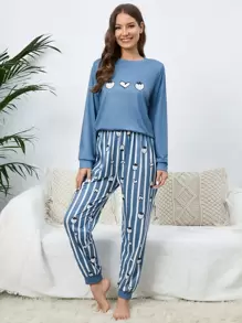 Strawberry and Heart Print Top & Striped Trousers PJ Set - Blue - View 3