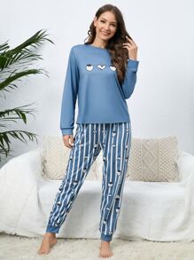 Strawberry and Heart Print Top & Striped Trousers PJ Set - Blue - View 4