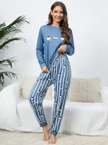 Strawberry and Heart Print Top & Striped Trousers PJ Set - Blue - View 5