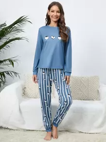 Strawberry and Heart Print Top & Striped Trousers PJ Set - Blue - View 6