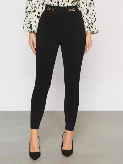 BizChic Pantalones pitillo de cintura alta para mujer, color negro, con detalle de cadena, adecuados para el trabajo, tela elástica, pantalones de vestir casuales para otoño/invierno
