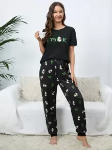 Conjunto de pijama con estampado de eslogan y aguacate - Negro - Ver 1