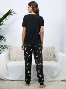 Conjunto de pijama con estampado de eslogan y aguacate - Negro - Ver 2