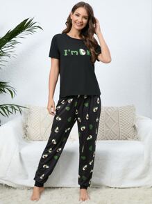 Conjunto de pijama con estampado de eslogan y aguacate - Negro - Ver 5