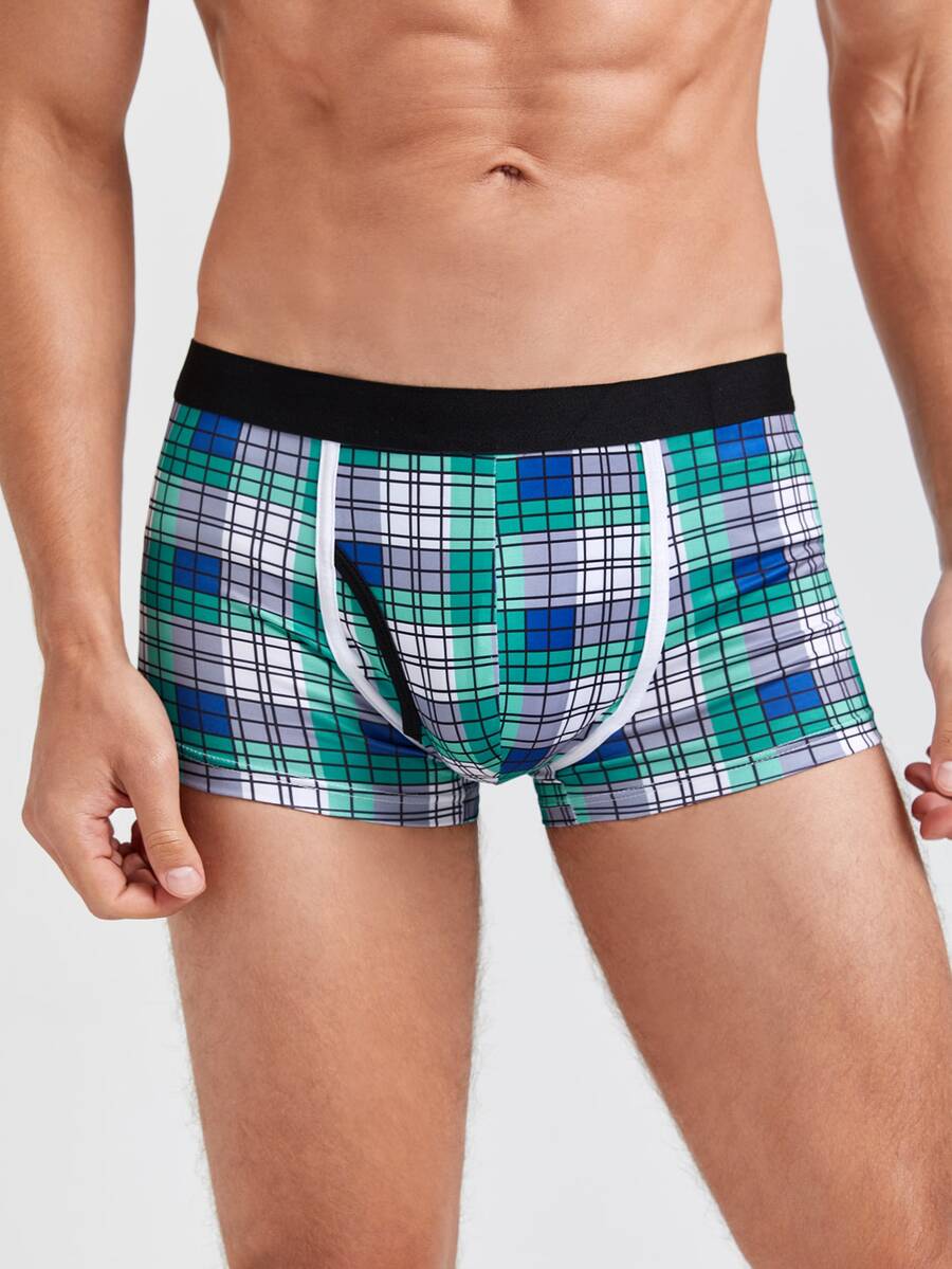 Men Plaid Print Boxer Brief - Green - View 1