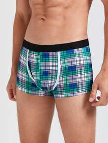 Men Plaid Print Boxer Brief - Green - View 4