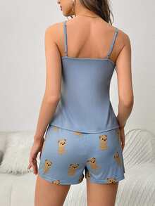 Conjunto de pijama shorts con top de tirantes con estampado de dibujos animados - Neblina azul - Ver 2