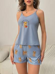 Conjunto de pijama shorts con top de tirantes con estampado de dibujos animados - Neblina azul - Ver 5