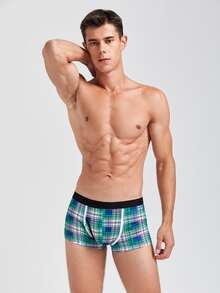 Men Plaid Print Boxer Brief - Green - View 5