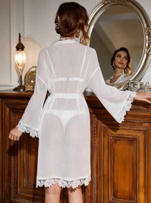 Bata ribete con encaje de hombros caídos con cinturón de malla sin set de lencería - Blanco - Ver 2