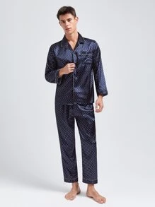 Men Polka Dot Contrast Piping Satin PJ Set - Navy Blue - View 1