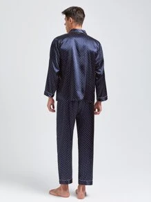 Men Polka Dot Contrast Piping Satin PJ Set - Navy Blue - View 2