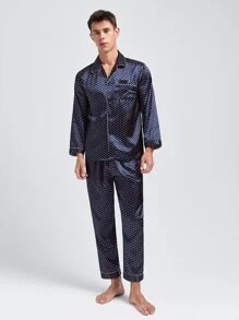 Men Polka Dot Contrast Piping Satin PJ Set - Navy Blue - View 3