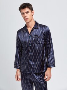 Men Polka Dot Contrast Piping Satin PJ Set - Navy Blue - View 5