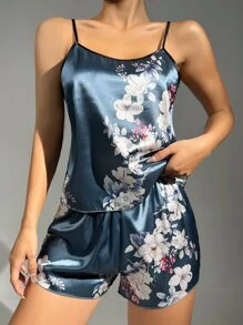 Floral Print Contrast Binding Satin PJ Set - Dusty Blue - View 1