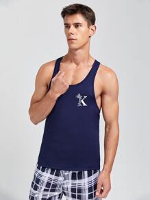 Men Letter Graphic Sleep Tank Top - Navy Blue - View 1