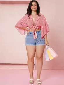 Dreamara áo nữ kích thước lớn Thắt nơ trước Sọc Boho - Đỏ và trắng - Xem 1