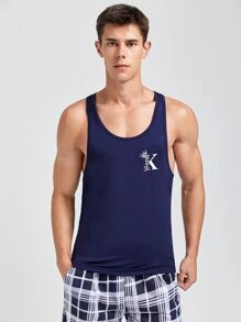Men Letter Graphic Sleep Tank Top - Navy Blue - View 3