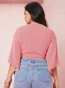 Dreamara áo nữ kích thước lớn Thắt nơ trước Sọc Boho - Đỏ và trắng - Xem 2